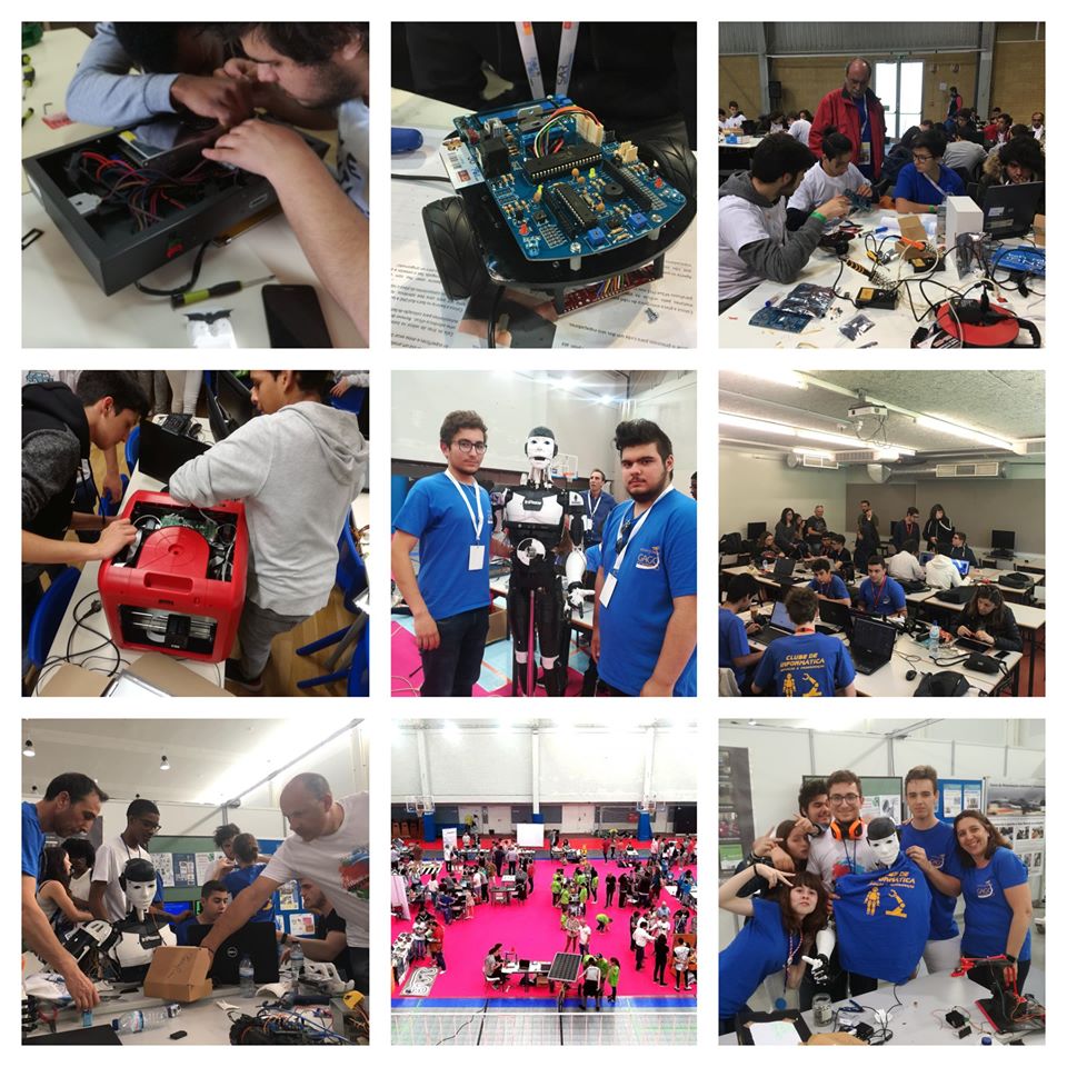 A nine-photo collage of the club at work, showing soldering, an Arduino robot car, printer maintenance, lab sessions and the team at the competition.